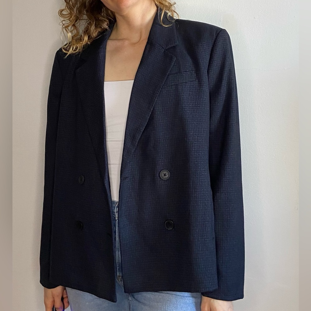 Dynamite Dark Navy Blue Checker Double Breasted Blazer